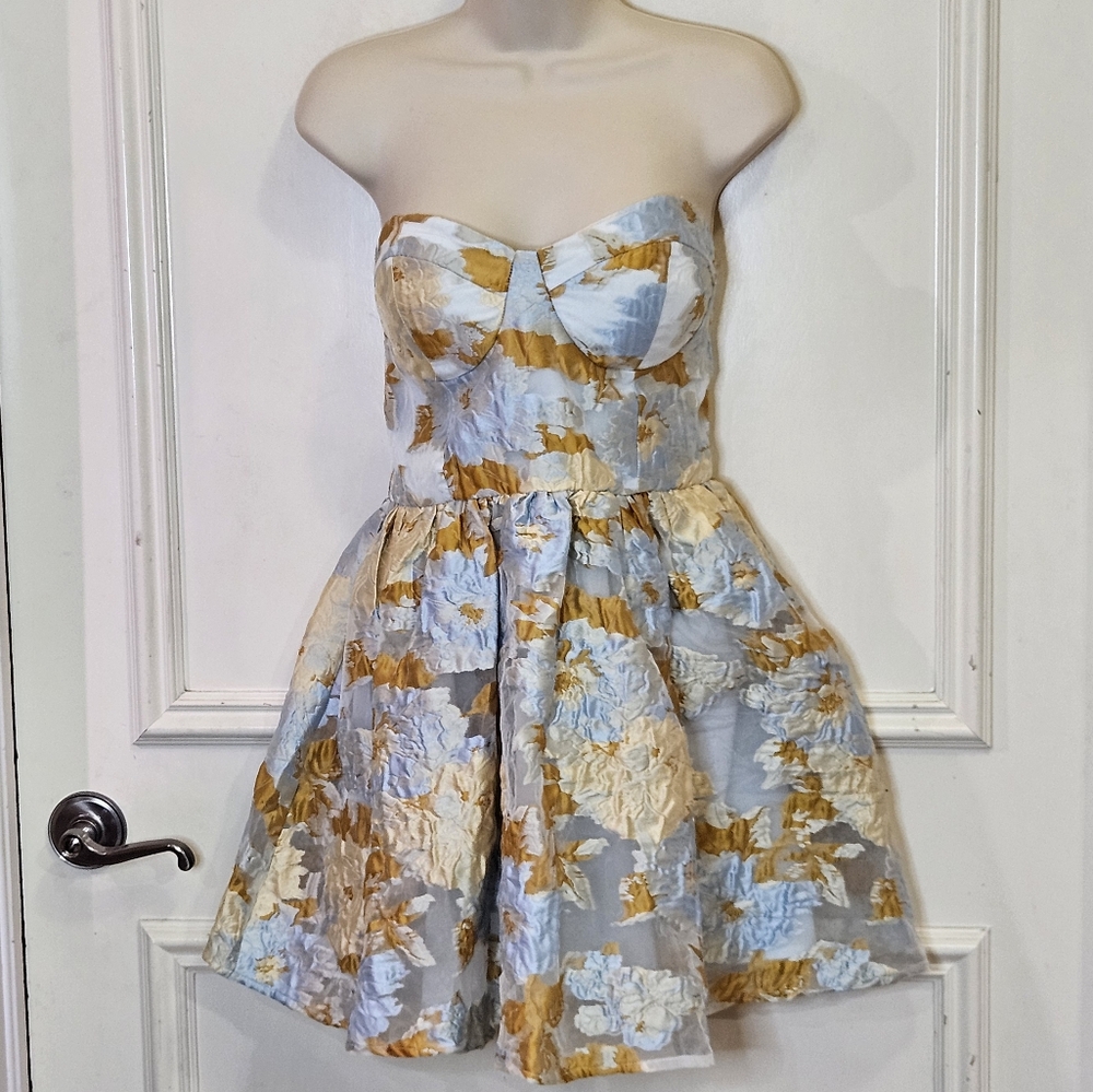 Showpo Strapless Mini Dress in Light Blue and Mustard Floral